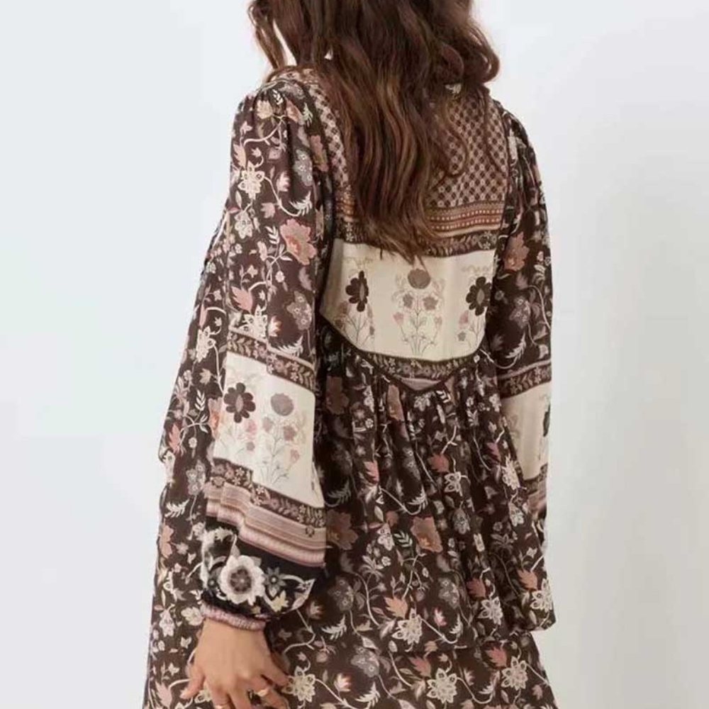 Brown boho gypsy floral print v neck Tassel Top - Picture 7 of 8